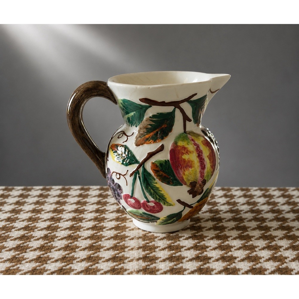 Hand Painted Italian Ceramic Pitcher Vase Fruit Motif 7.5" Tall Rustic VTG‎